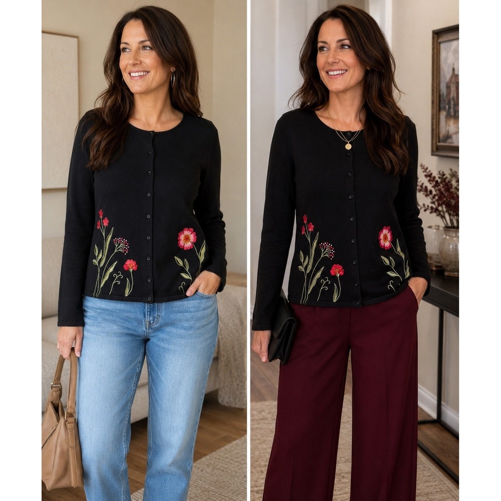 Northern Isles Black Floral Embroidered Button Cardigan L Cottagecore